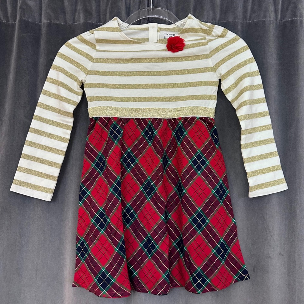 Crown & Ivy Girl's Holiday Dress sz 5 Red Green Plaid Gold Metallic Christmas